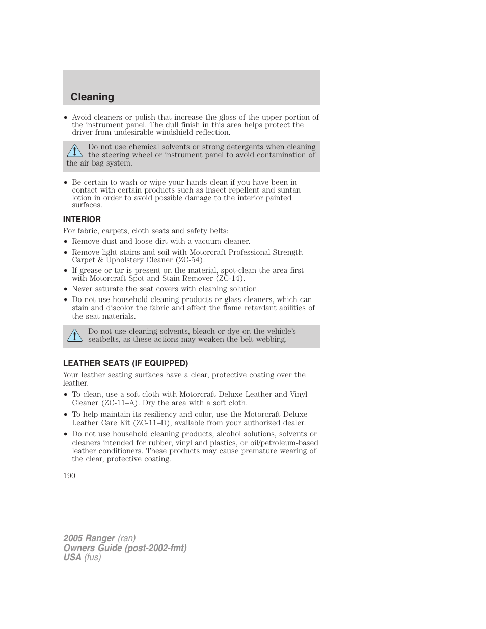 Interior, Leather seats (if equipped), Cleaning | FORD 2005 Ranger v.2 User Manual | Page 190 / 256