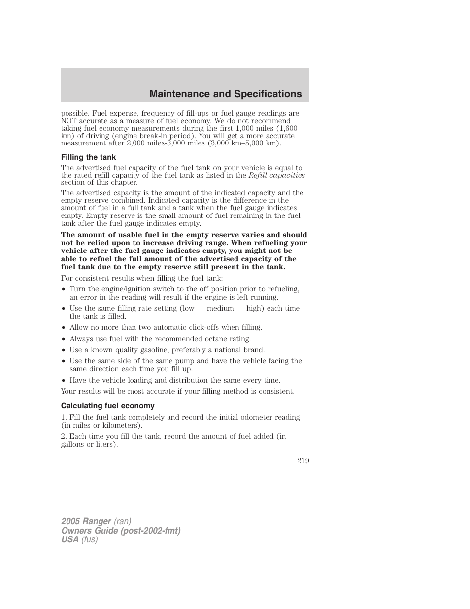 Filling the tank, Calculating fuel economy, Maintenance and specifications | FORD 2005 Ranger v.2 User Manual | Page 219 / 256