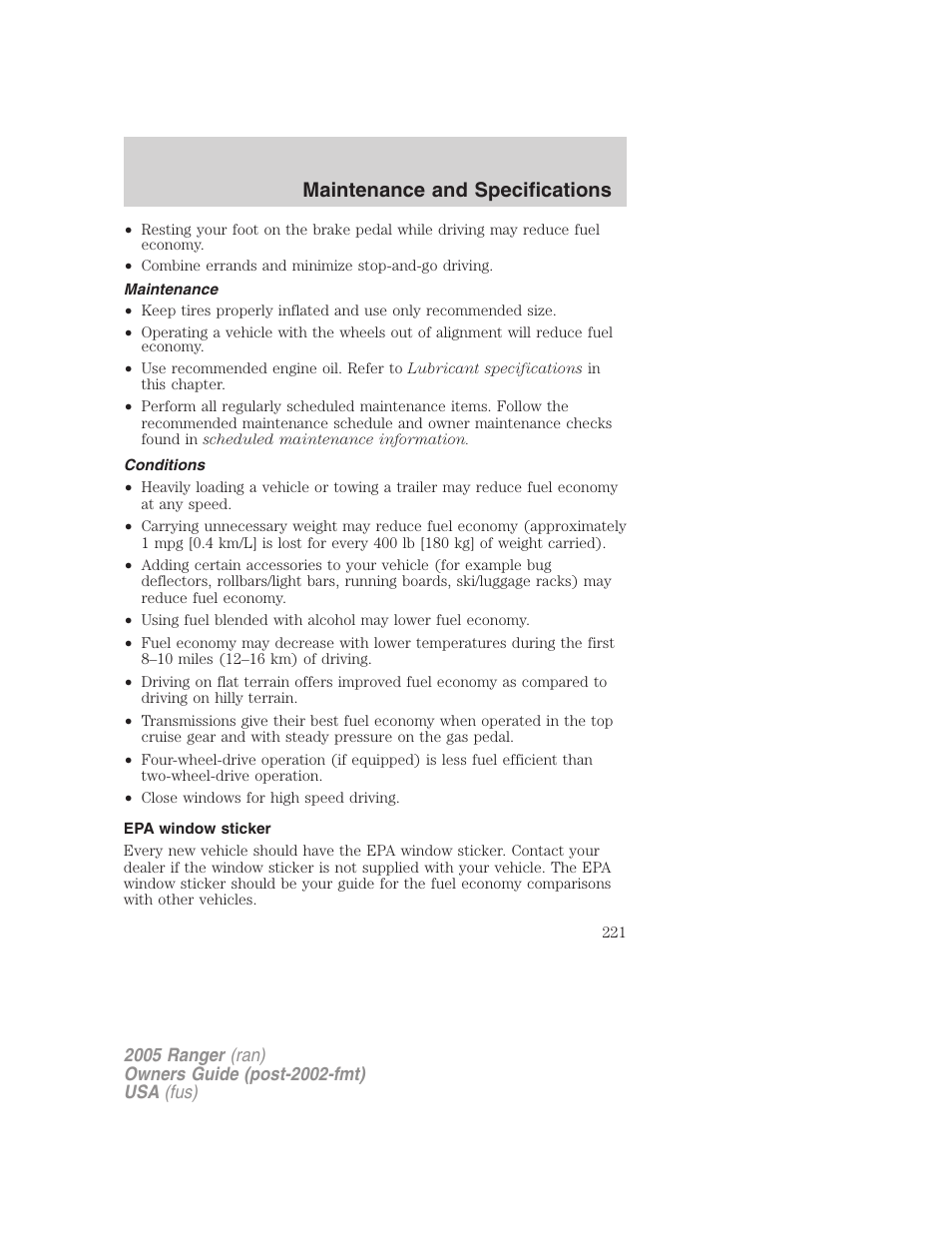 Maintenance, Conditions, Epa window sticker | Maintenance and specifications | FORD 2005 Ranger v.2 User Manual | Page 221 / 256