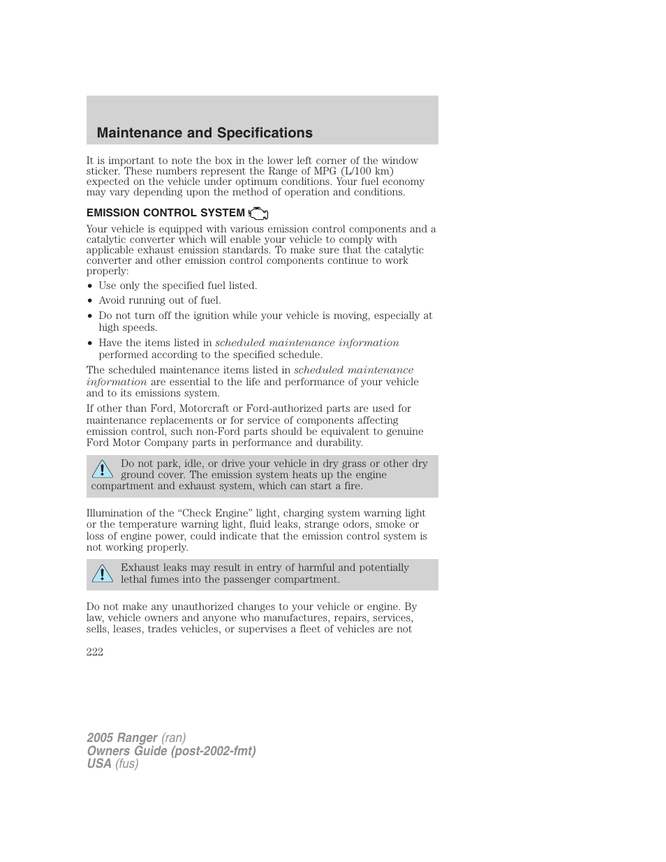 Emission control system, Maintenance and specifications | FORD 2005 Ranger v.2 User Manual | Page 222 / 256