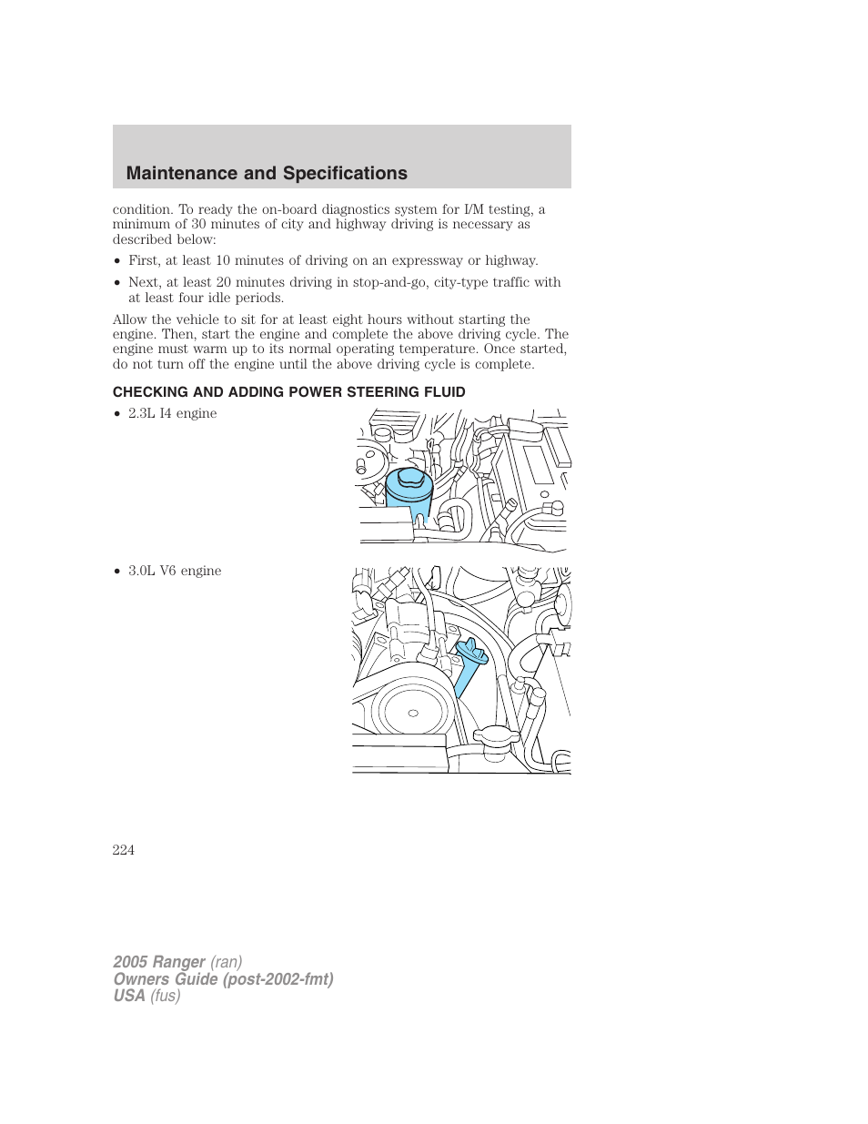 Checking and adding power steering fluid, Maintenance and specifications | FORD 2005 Ranger v.2 User Manual | Page 224 / 256