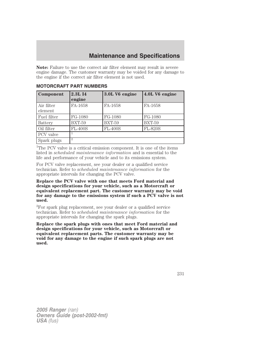 Motorcraft part numbers, Part numbers, Maintenance and specifications | FORD 2005 Ranger v.2 User Manual | Page 231 / 256