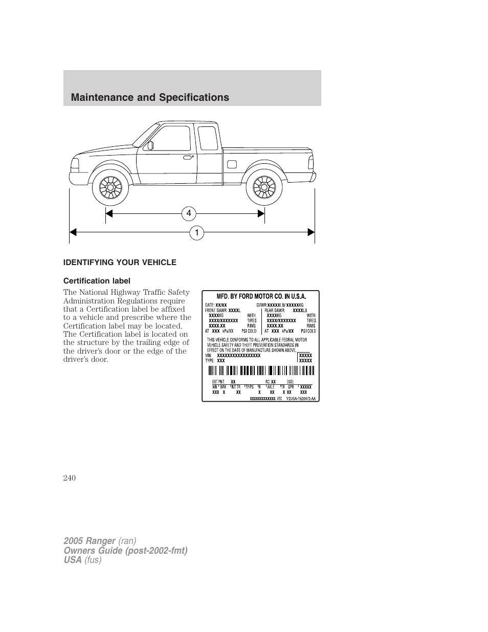 Identifying your vehicle, Certification label, Maintenance and specifications | FORD 2005 Ranger v.2 User Manual | Page 240 / 256