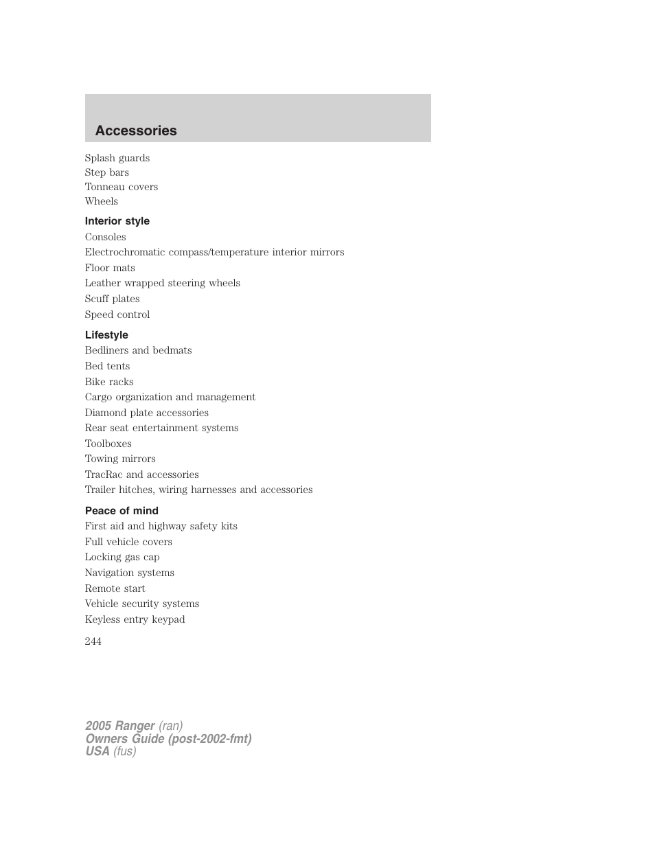 Interior style, Lifestyle, Peace of mind | Accessories | FORD 2005 Ranger v.2 User Manual | Page 244 / 256