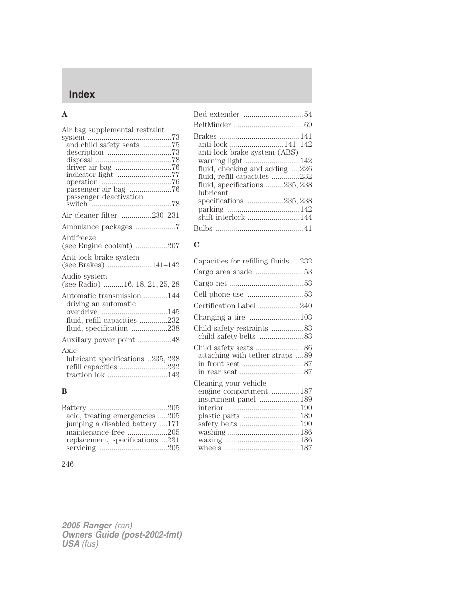 Index | FORD 2005 Ranger v.2 User Manual | Page 246 / 256