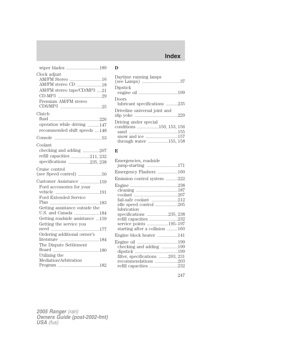 Index | FORD 2005 Ranger v.2 User Manual | Page 247 / 256