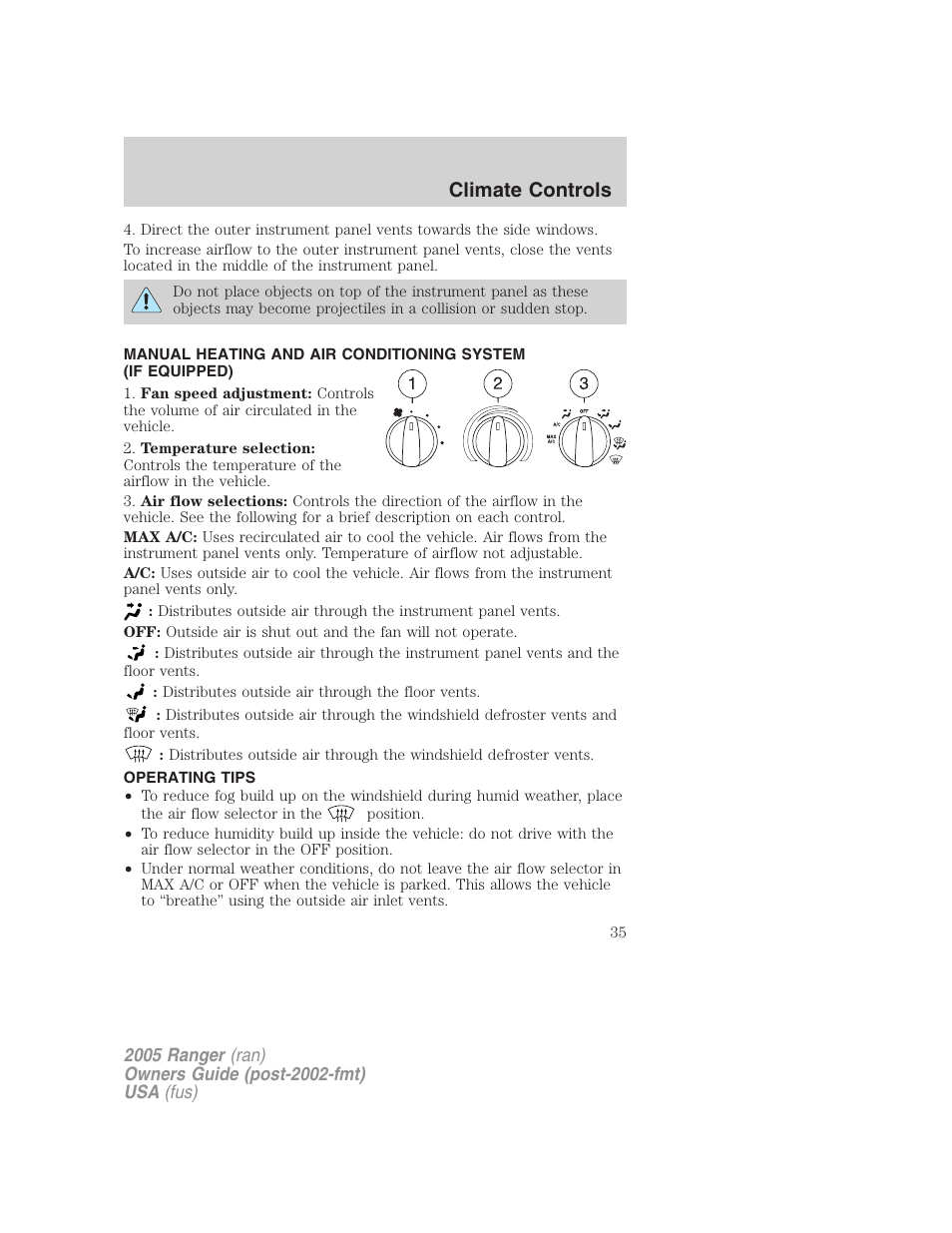 Operating tips, Manual heating and air conditioning, Climate controls | FORD 2005 Ranger v.2 User Manual | Page 35 / 256