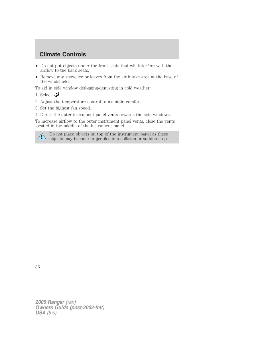 Climate controls | FORD 2005 Ranger v.2 User Manual | Page 36 / 256