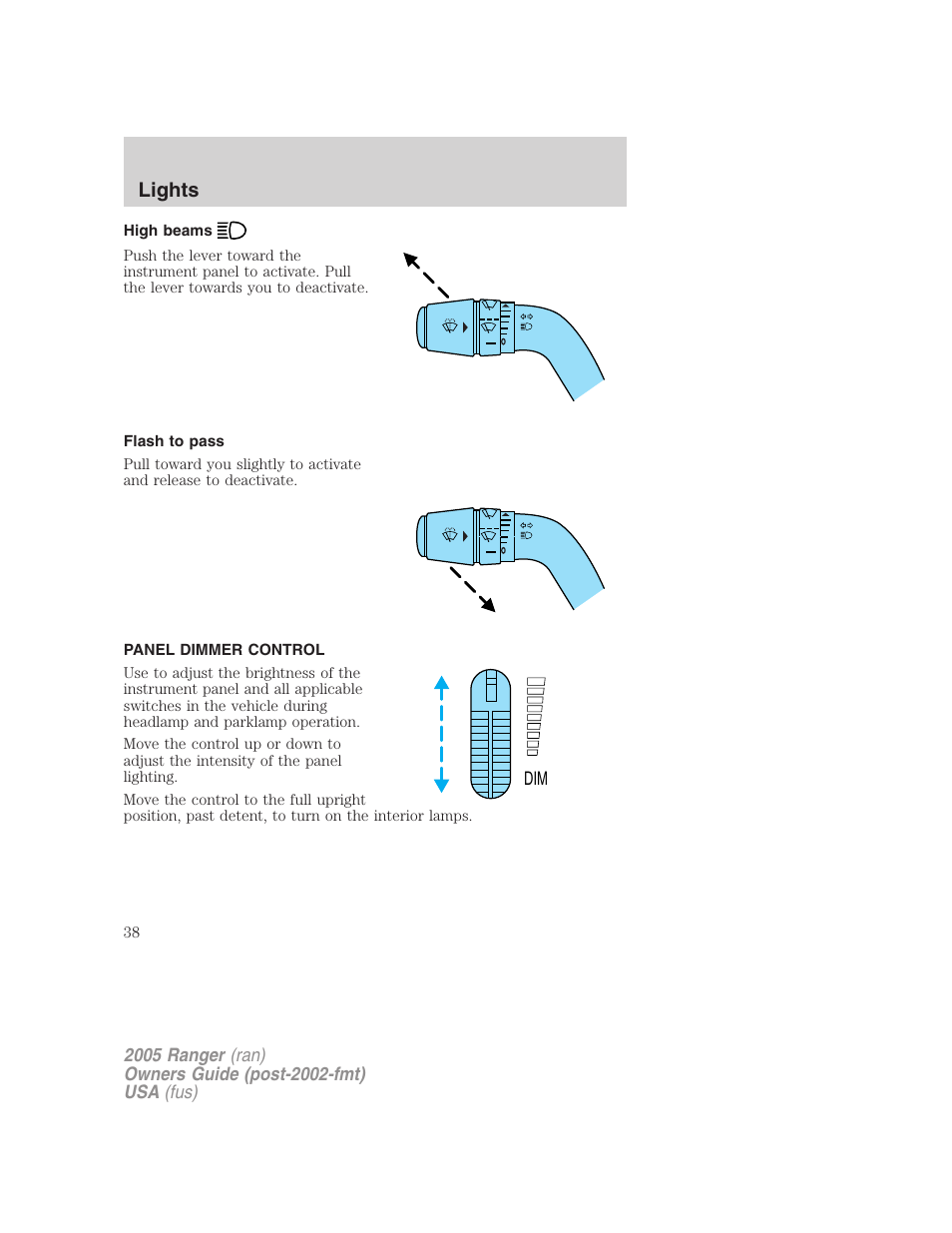 High beams, Flash to pass, Panel dimmer control | Lights | FORD 2005 Ranger v.2 User Manual | Page 38 / 256