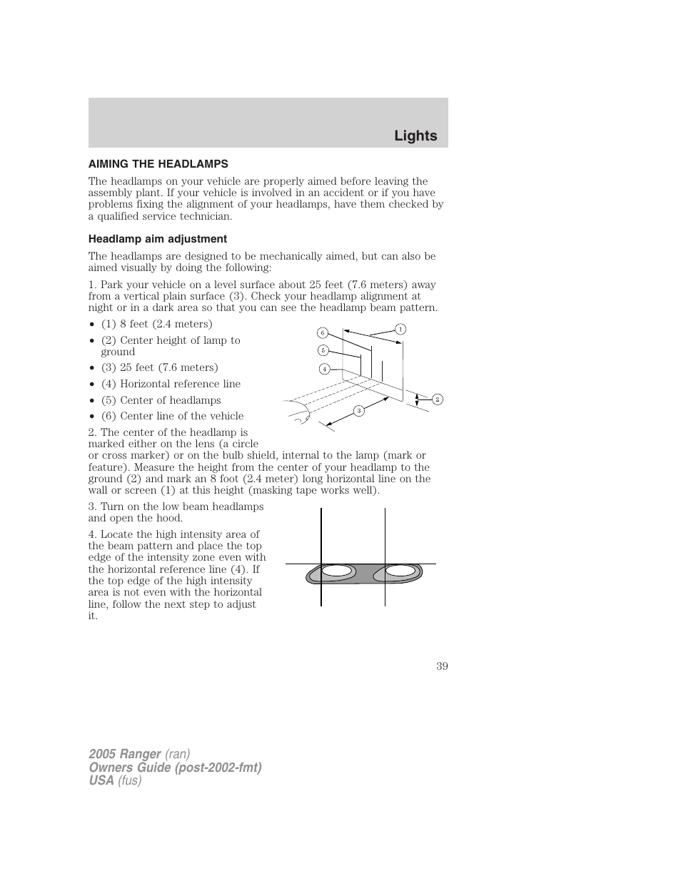 Aiming the headlamps, Headlamp aim adjustment, Lights | FORD 2005 Ranger v.2 User Manual | Page 39 / 256