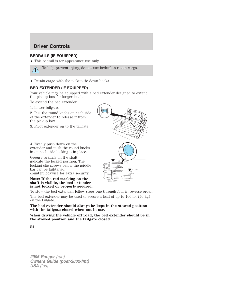 Bedrails (if equipped), Bed extender (if equipped), Driver controls | FORD 2005 Ranger v.2 User Manual | Page 54 / 256