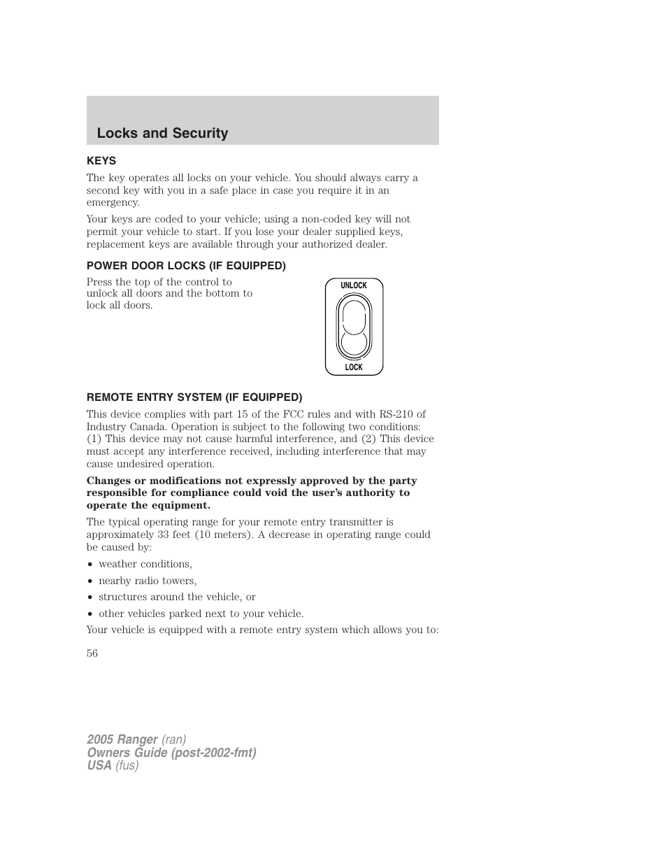 Locks and security, Keys, Power door locks (if equipped) | Remote entry system (if equipped), Locks | FORD 2005 Ranger v.2 User Manual | Page 56 / 256