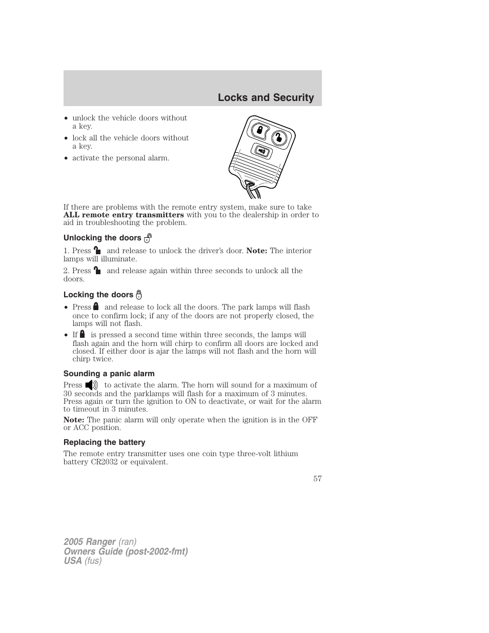 Unlocking the doors, Locking the doors, Sounding a panic alarm | Replacing the battery, Locks and security | FORD 2005 Ranger v.2 User Manual | Page 57 / 256