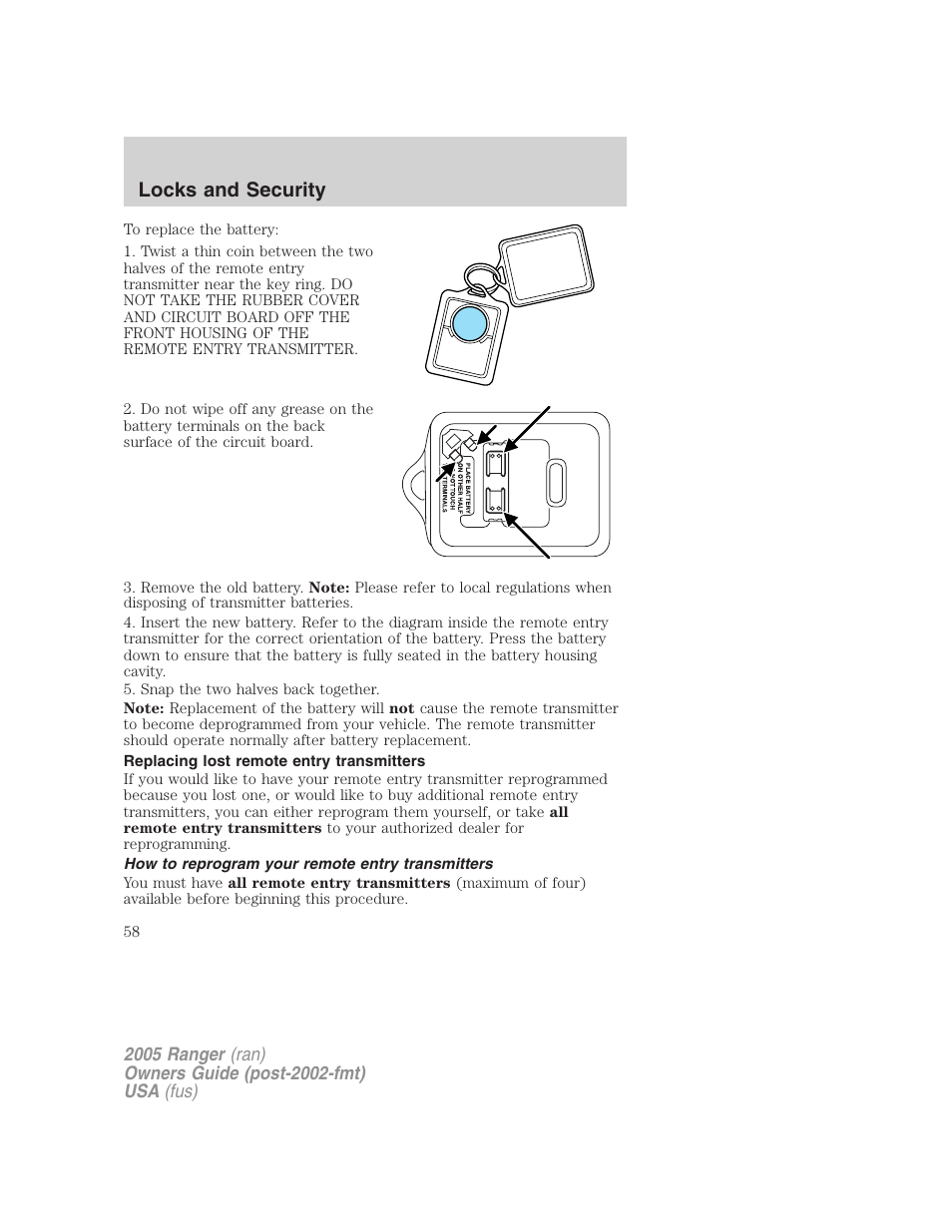Replacing lost remote entry transmitters, How to reprogram your remote entry transmitters, Locks and security | FORD 2005 Ranger v.2 User Manual | Page 58 / 256