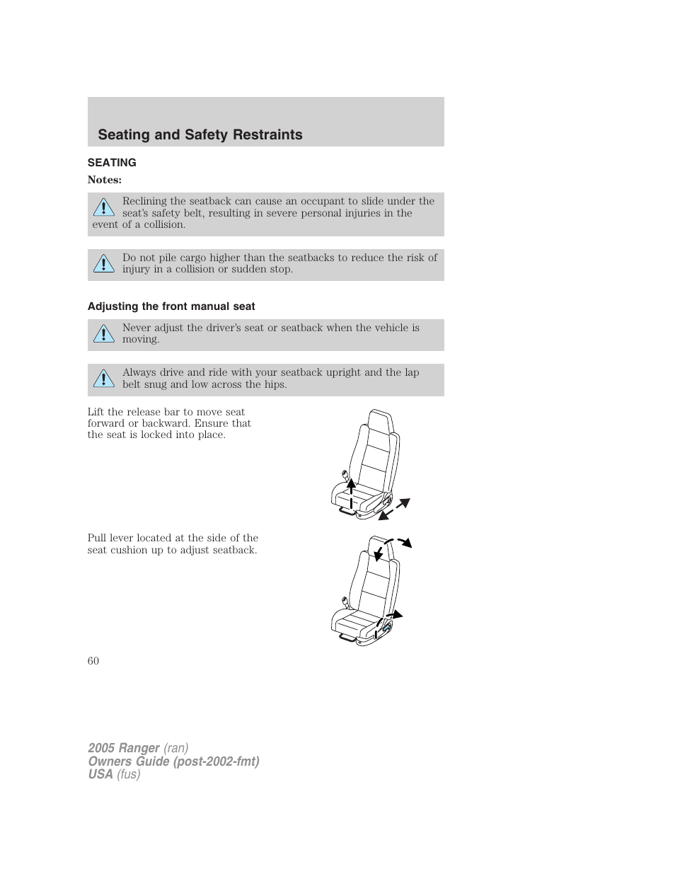 Seating and safety restraints, Seating, Adjusting the front manual seat | FORD 2005 Ranger v.2 User Manual | Page 60 / 256