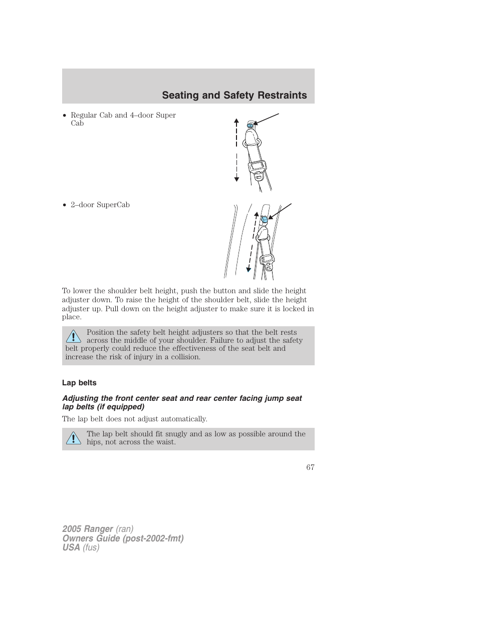 Lap belts, Seating and safety restraints | FORD 2005 Ranger v.2 User Manual | Page 67 / 256