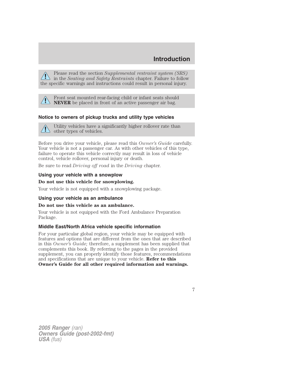 Using your vehicle with a snowplow, Using your vehicle as an ambulance, Introduction | FORD 2005 Ranger v.2 User Manual | Page 7 / 256