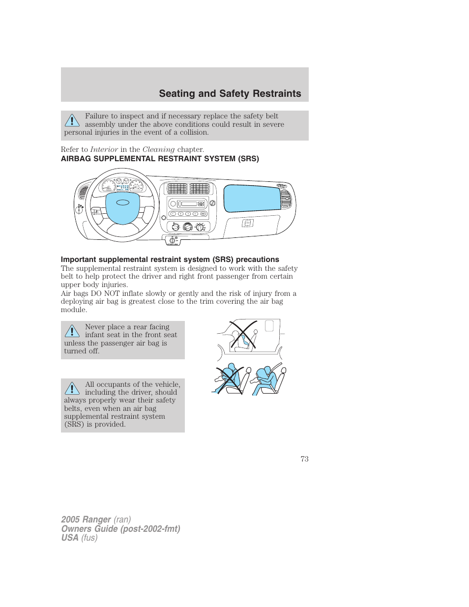Airbag supplemental restraint system (srs), Air bags, Seating and safety restraints | FORD 2005 Ranger v.2 User Manual | Page 73 / 256