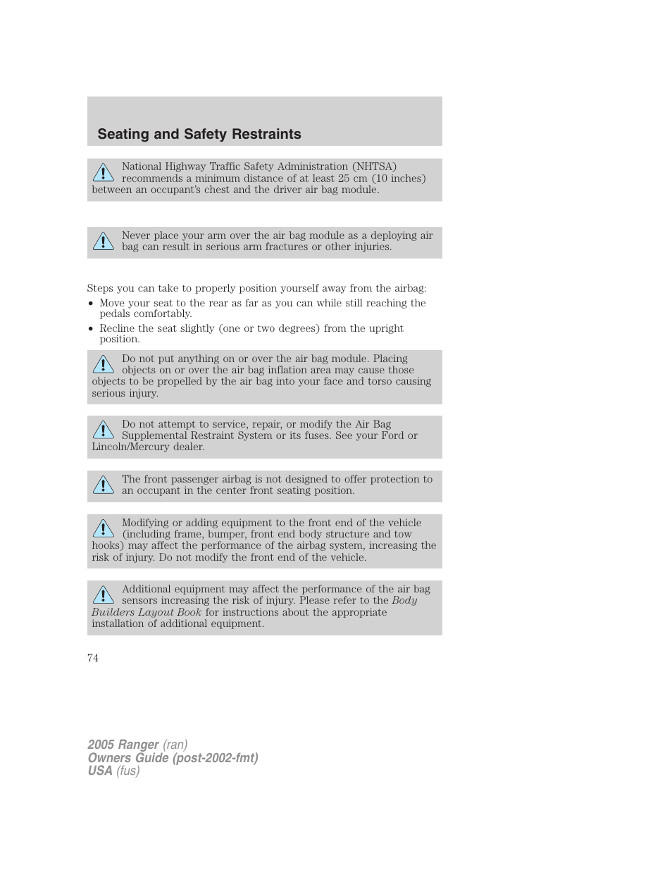 Seating and safety restraints | FORD 2005 Ranger v.2 User Manual | Page 74 / 256