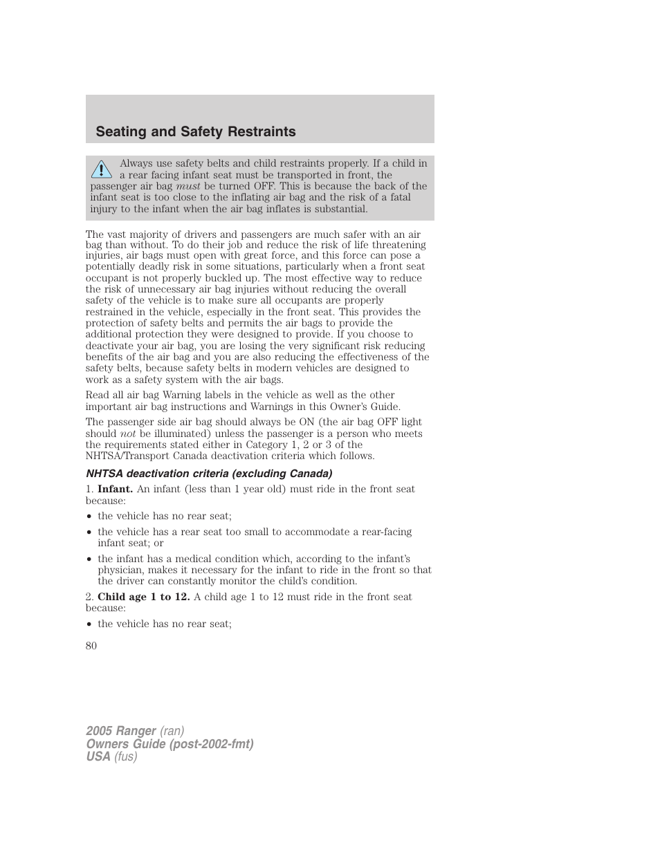 Nhtsa deactivation criteria (excluding canada), Seating and safety restraints | FORD 2005 Ranger v.2 User Manual | Page 80 / 256
