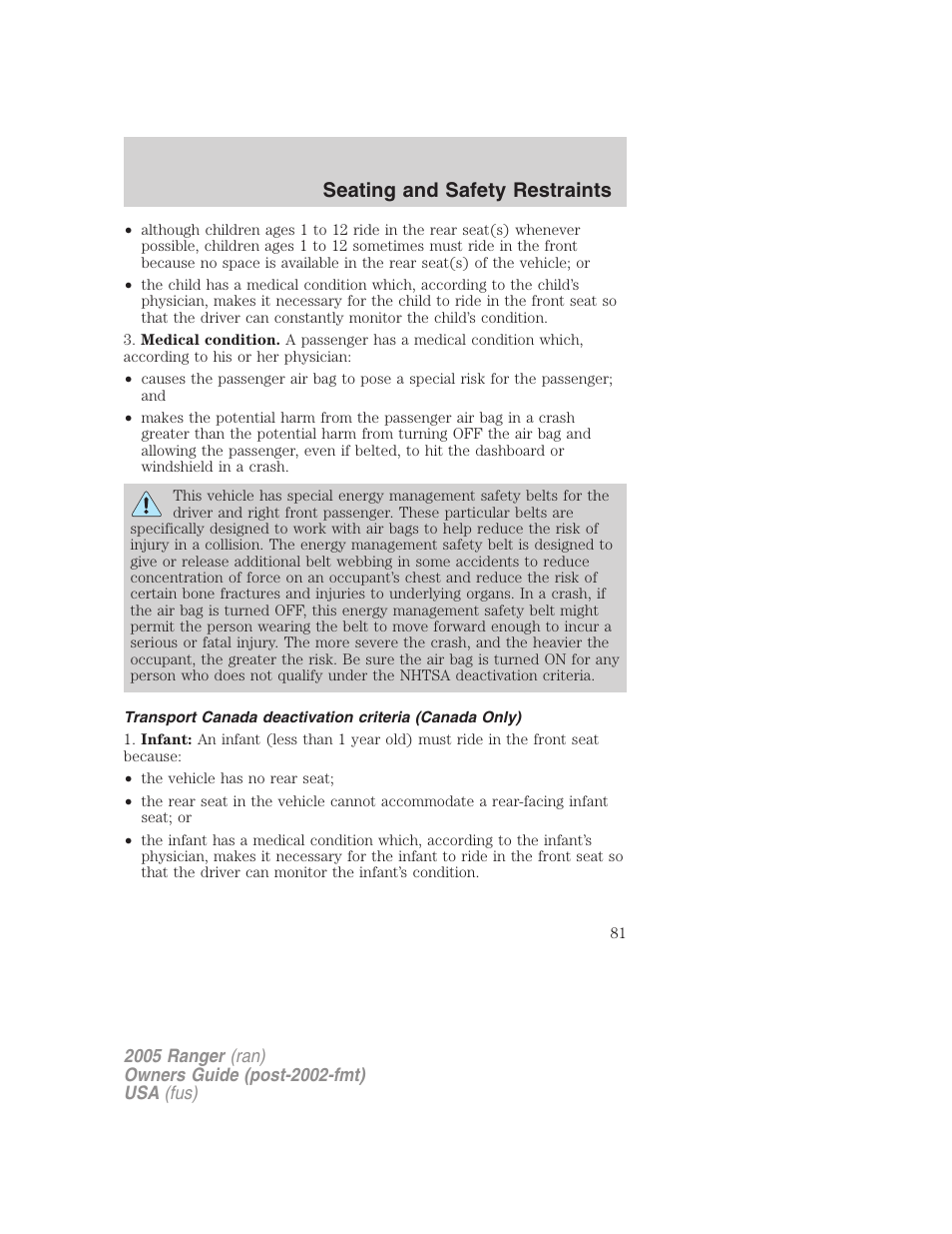 Seating and safety restraints | FORD 2005 Ranger v.2 User Manual | Page 81 / 256