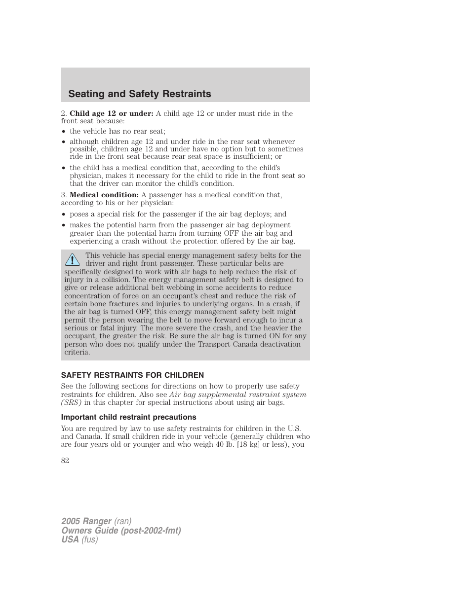 Safety restraints for children, Important child restraint precautions, Child restraints | Seating and safety restraints | FORD 2005 Ranger v.2 User Manual | Page 82 / 256