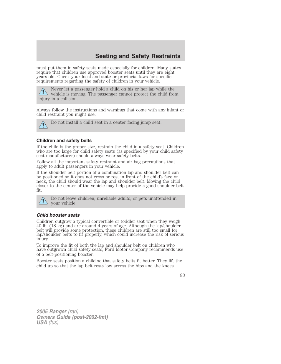 Children and safety belts, Child booster seats, Seating and safety restraints | FORD 2005 Ranger v.2 User Manual | Page 83 / 256