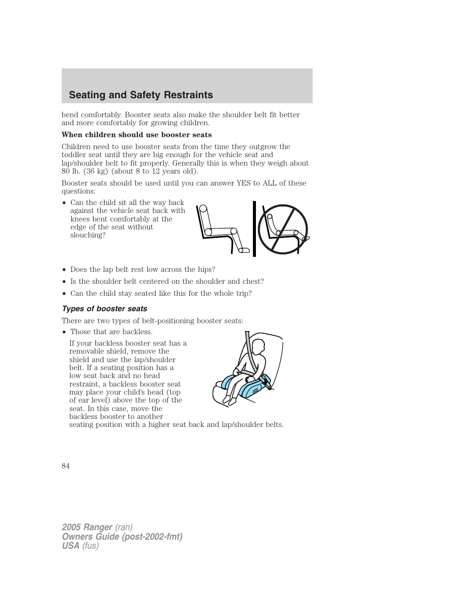 Types of booster seats, Seating and safety restraints | FORD 2005 Ranger v.2 User Manual | Page 84 / 256