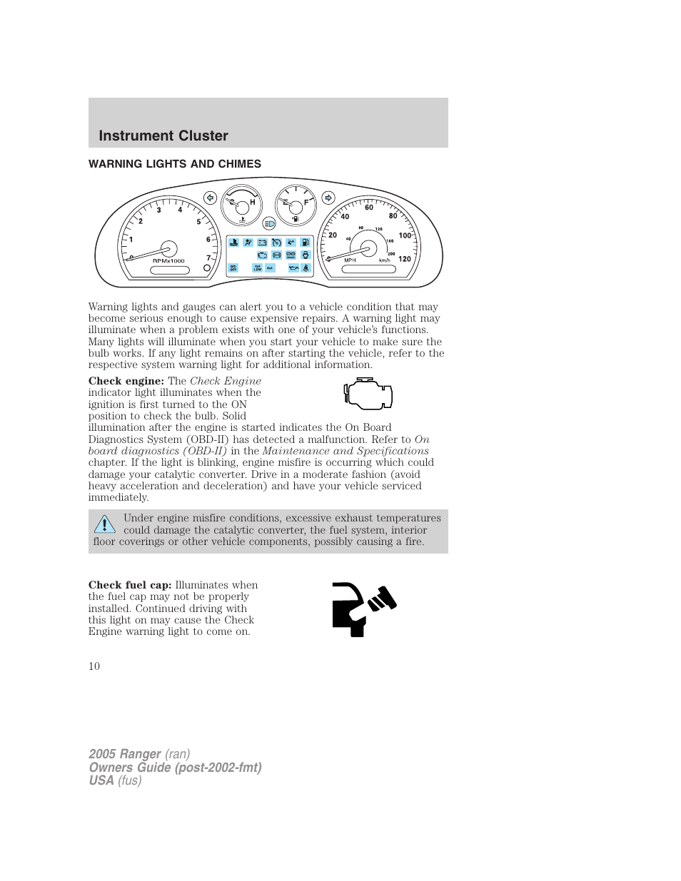 Instrument cluster, Warning lights and chimes, Warning and control lights | FORD 2005 Ranger v.3 User Manual | Page 10 / 256