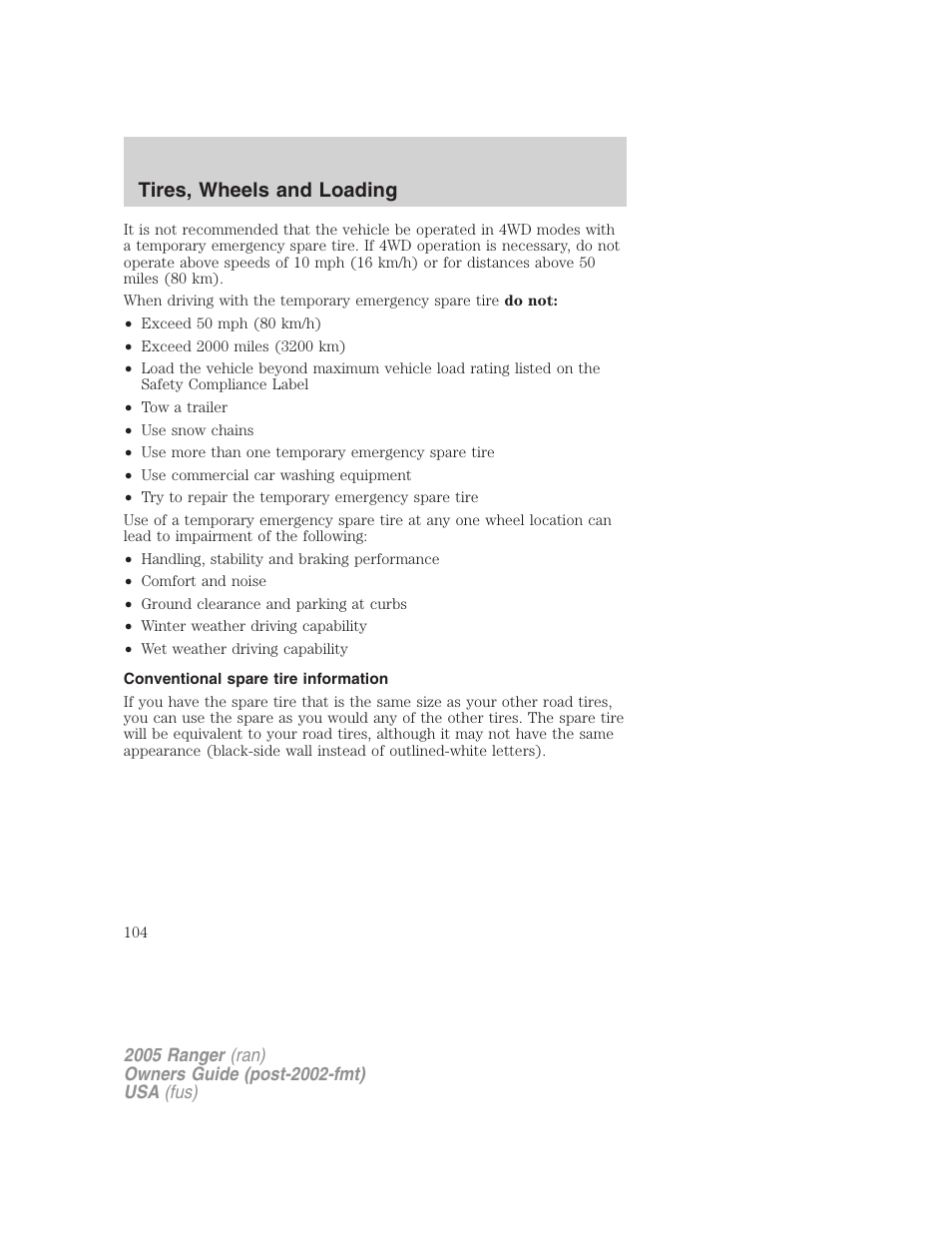Conventional spare tire information, Tires, wheels and loading | FORD 2005 Ranger v.3 User Manual | Page 104 / 256
