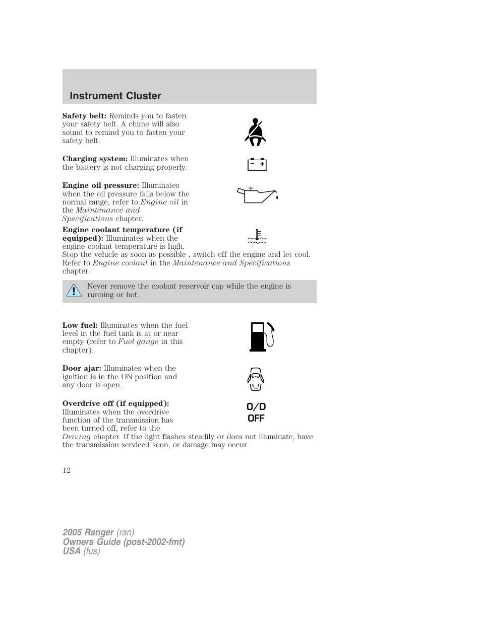 Instrument cluster | FORD 2005 Ranger v.3 User Manual | Page 12 / 256