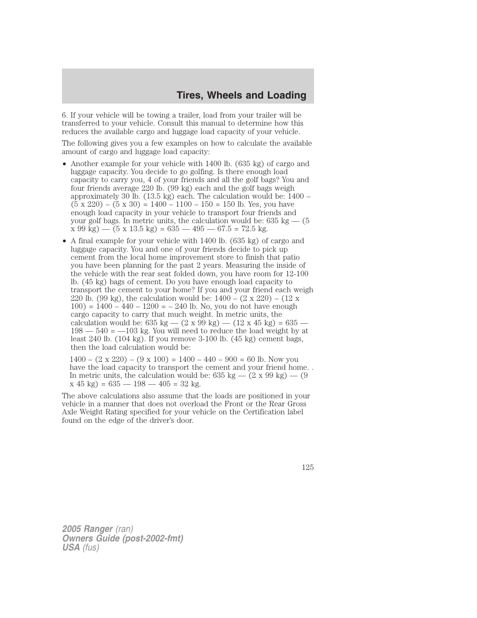 Tires, wheels and loading | FORD 2005 Ranger v.3 User Manual | Page 125 / 256