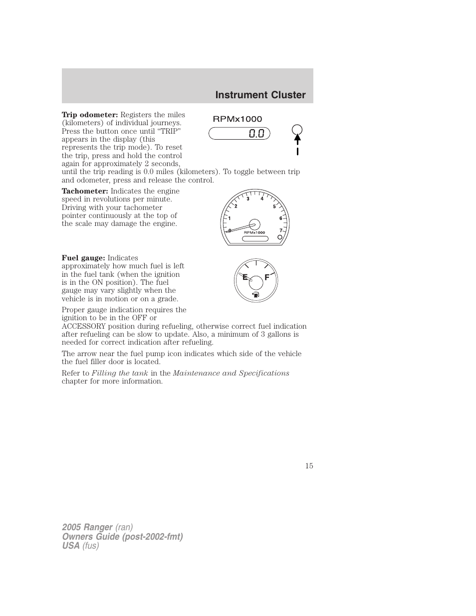 Instrument cluster | FORD 2005 Ranger v.3 User Manual | Page 15 / 256