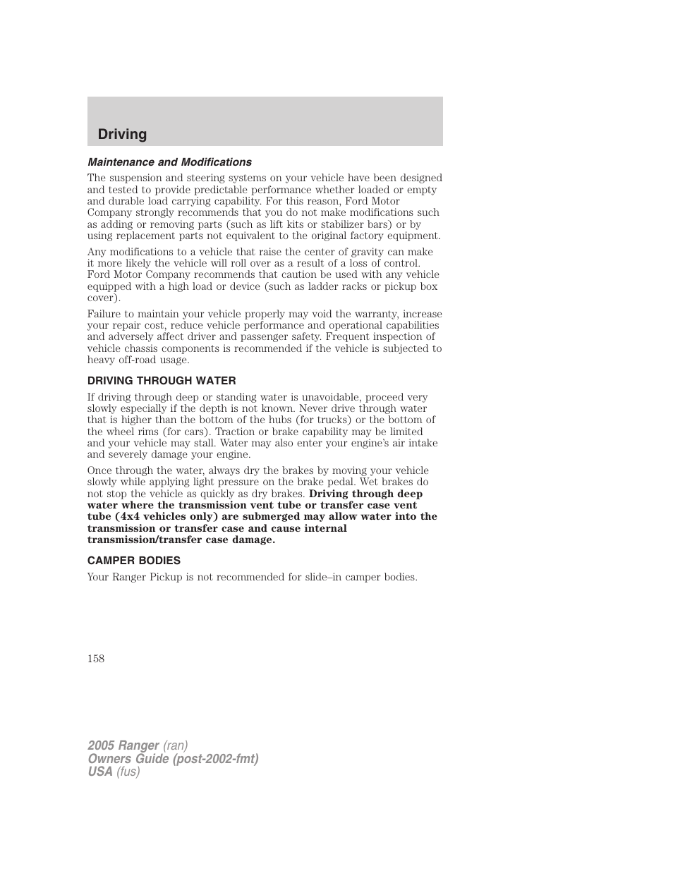 Maintenance and modifications, Driving through water, Camper bodies | Driving | FORD 2005 Ranger v.3 User Manual | Page 158 / 256