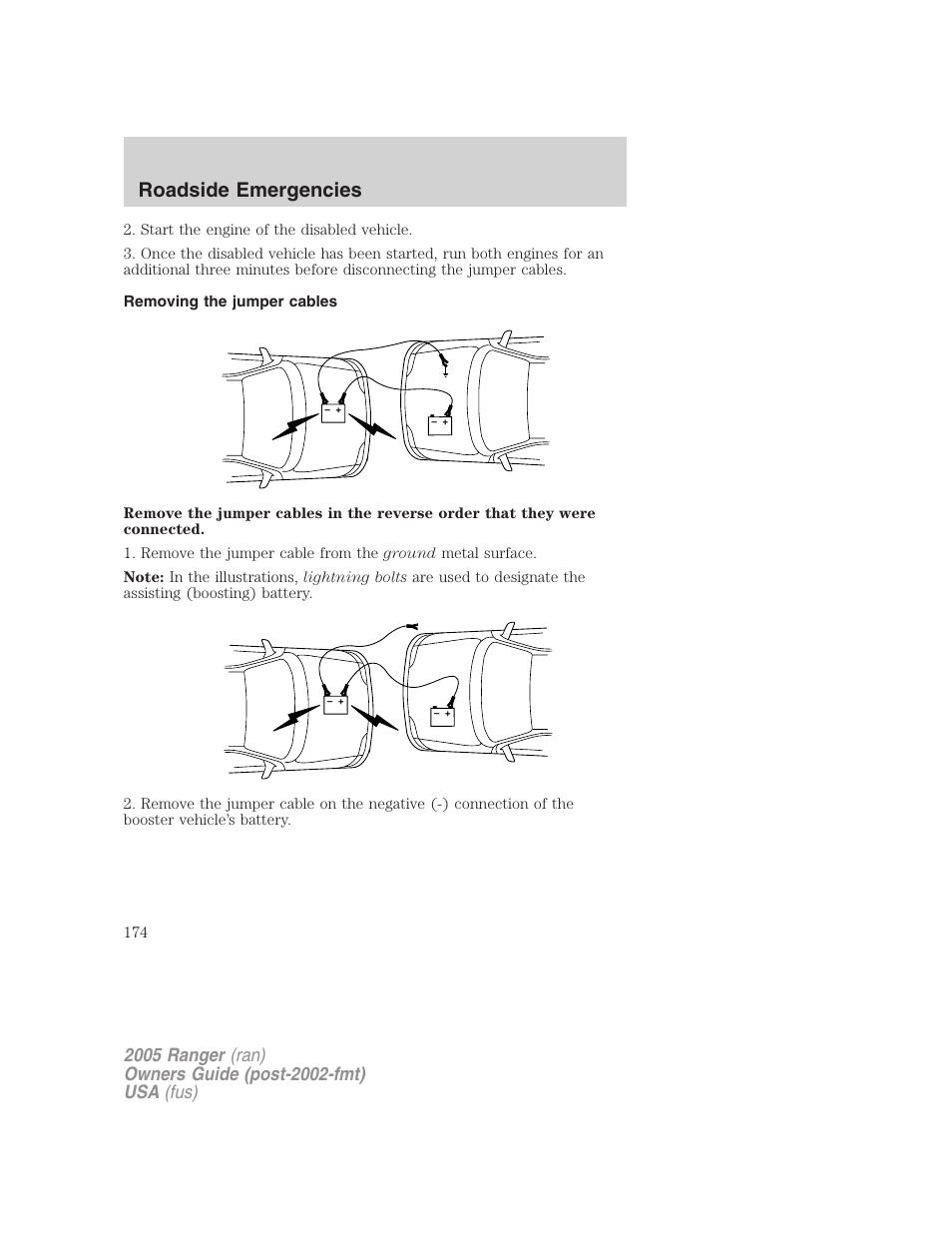 Removing the jumper cables, Roadside emergencies | FORD 2005 Ranger v.3 User Manual | Page 174 / 256