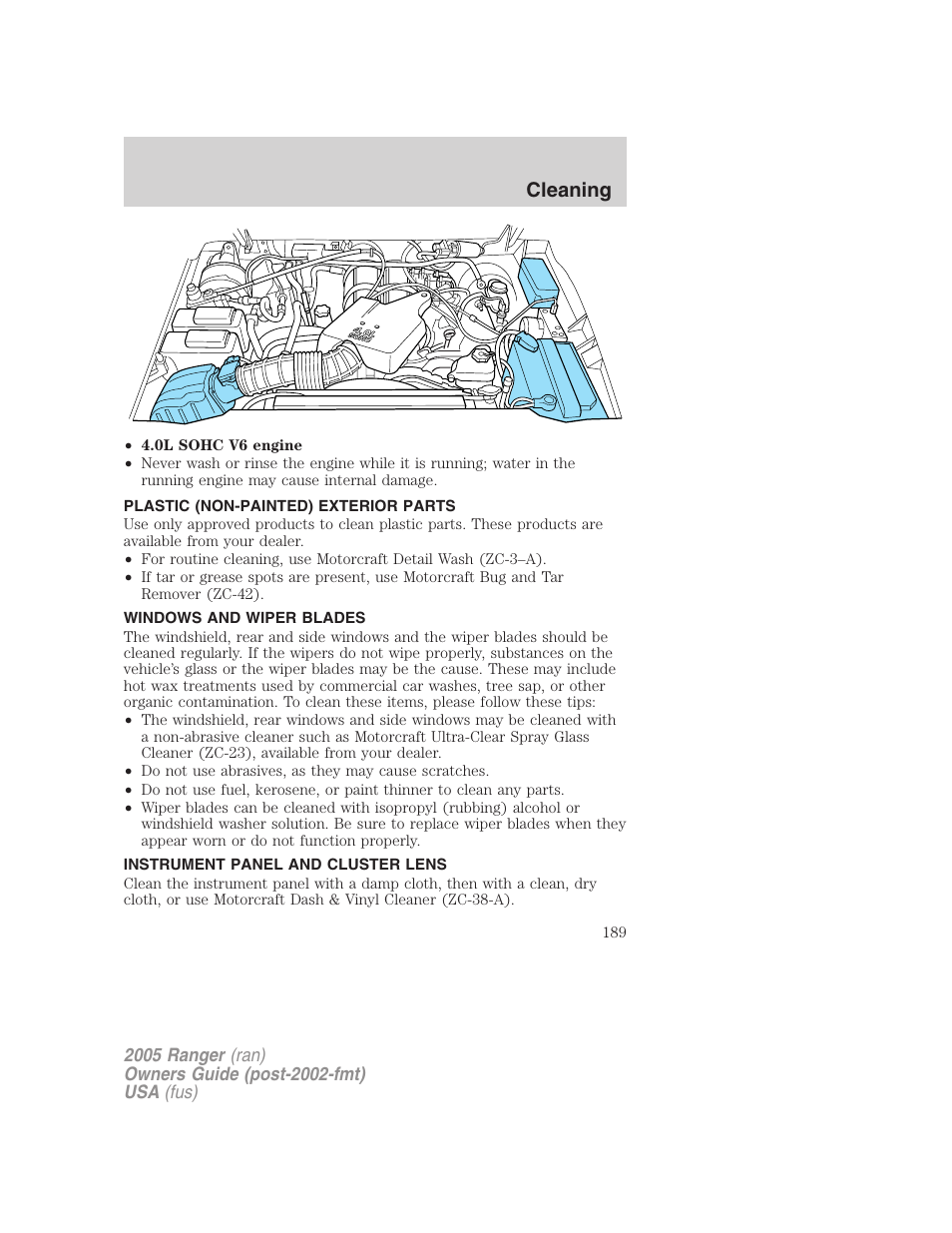Plastic (non-painted) exterior parts, Windows and wiper blades, Instrument panel and cluster lens | Cleaning | FORD 2005 Ranger v.3 User Manual | Page 189 / 256