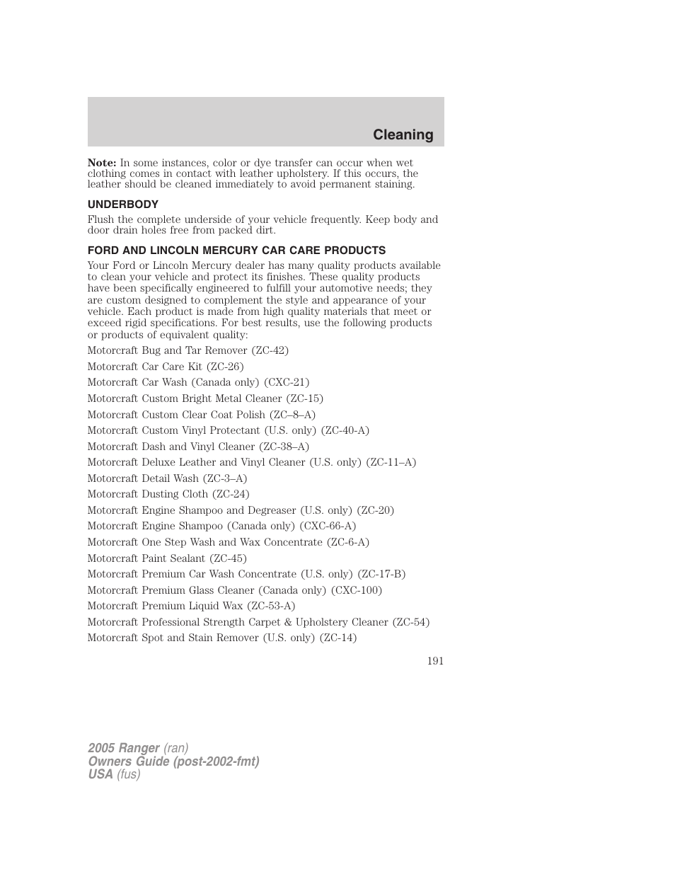 Underbody, Ford and lincoln mercury car care products, Cleaning | FORD 2005 Ranger v.3 User Manual | Page 191 / 256