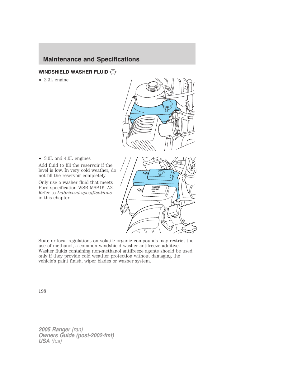 Windshield washer fluid, Maintenance and specifications | FORD 2005 Ranger v.3 User Manual | Page 198 / 256