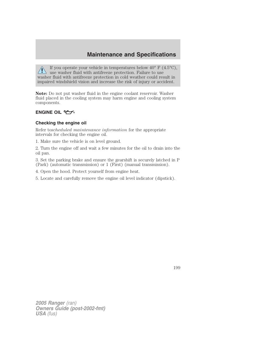 Engine oil, Checking the engine oil, Maintenance and specifications | FORD 2005 Ranger v.3 User Manual | Page 199 / 256