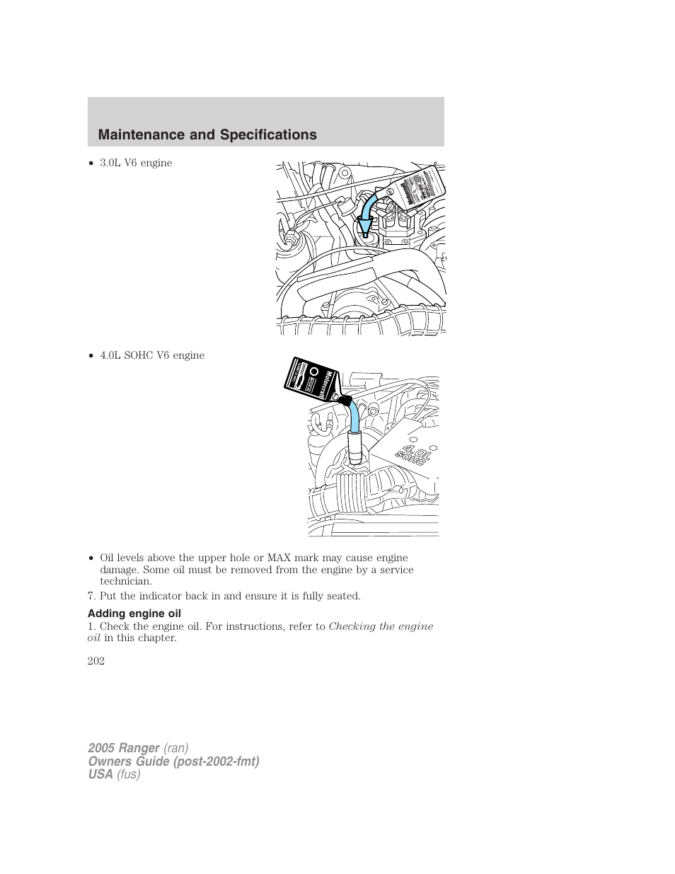 Adding engine oil, Maintenance and specifications | FORD 2005 Ranger v.3 User Manual | Page 202 / 256