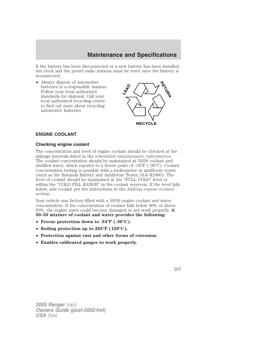 Engine coolant, Checking engine coolant, Maintenance and specifications | FORD 2005 Ranger v.3 User Manual | Page 207 / 256