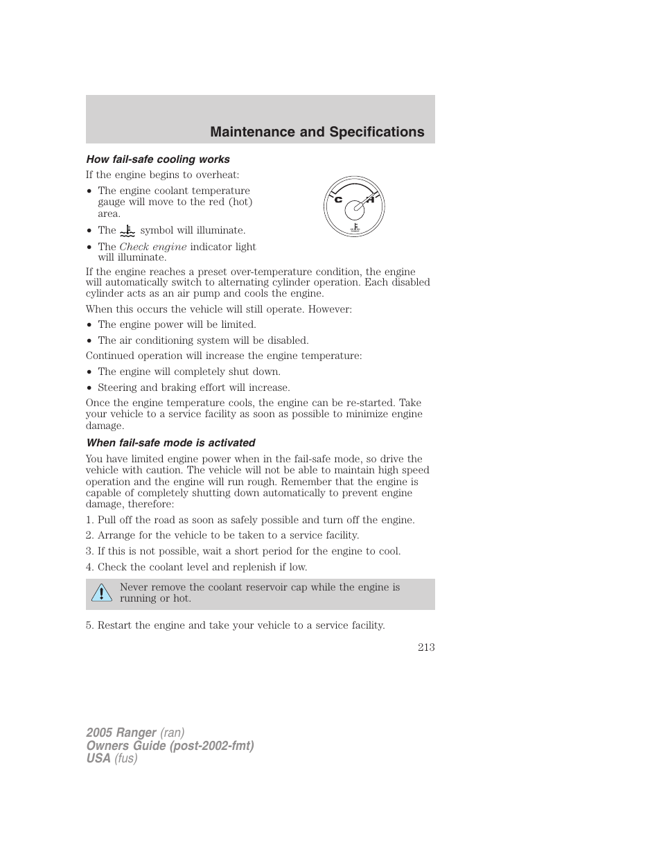 How fail-safe cooling works, When fail-safe mode is activated, Maintenance and specifications | FORD 2005 Ranger v.3 User Manual | Page 213 / 256