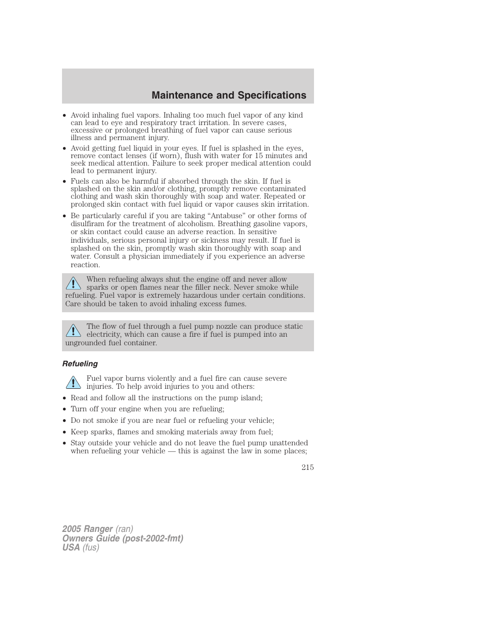 Refueling, Maintenance and specifications | FORD 2005 Ranger v.3 User Manual | Page 215 / 256
