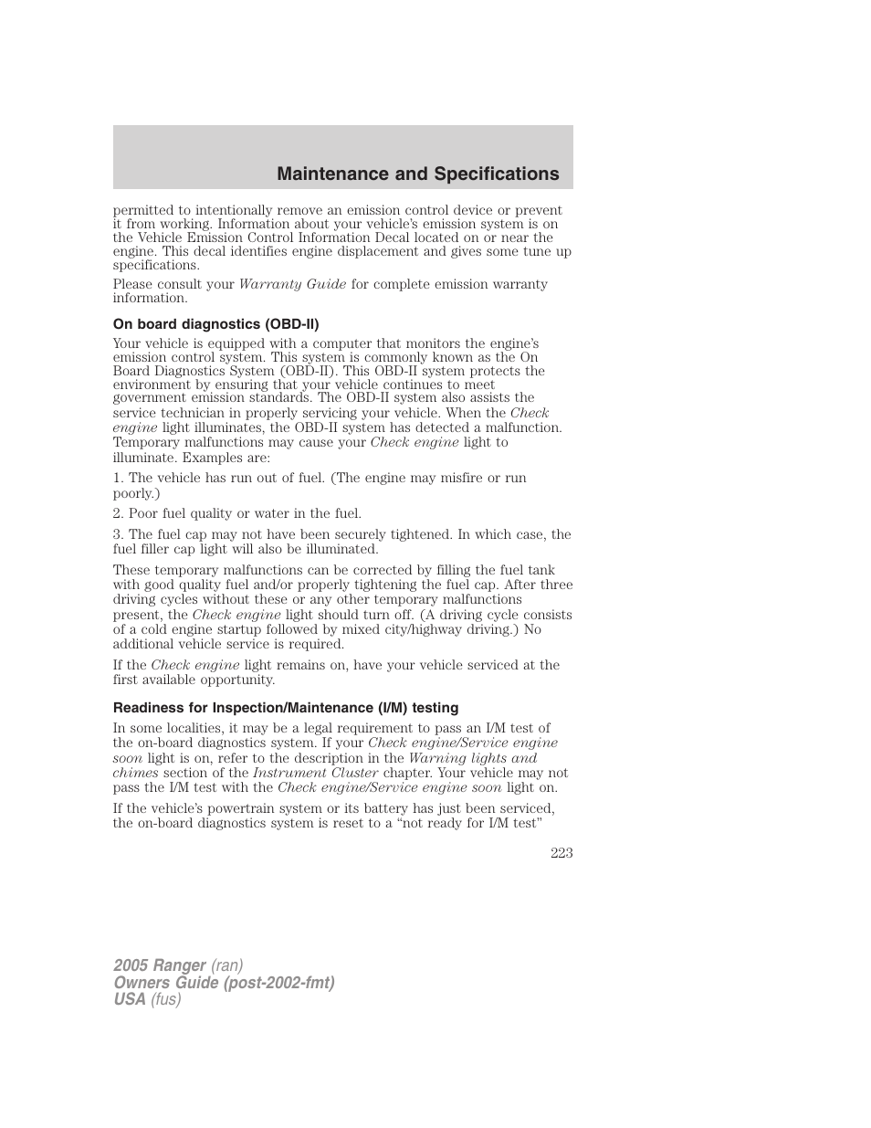 On board diagnostics (obd-ii), Readiness for inspection/maintenance (i/m) testing, Maintenance and specifications | FORD 2005 Ranger v.3 User Manual | Page 223 / 256