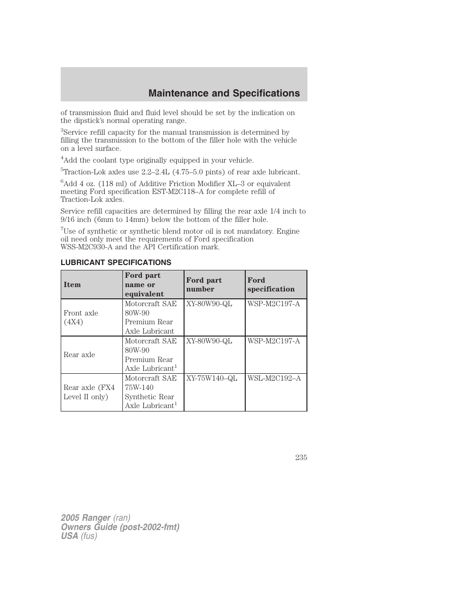 Lubricant specifications, Maintenance and specifications | FORD 2005 Ranger v.3 User Manual | Page 235 / 256