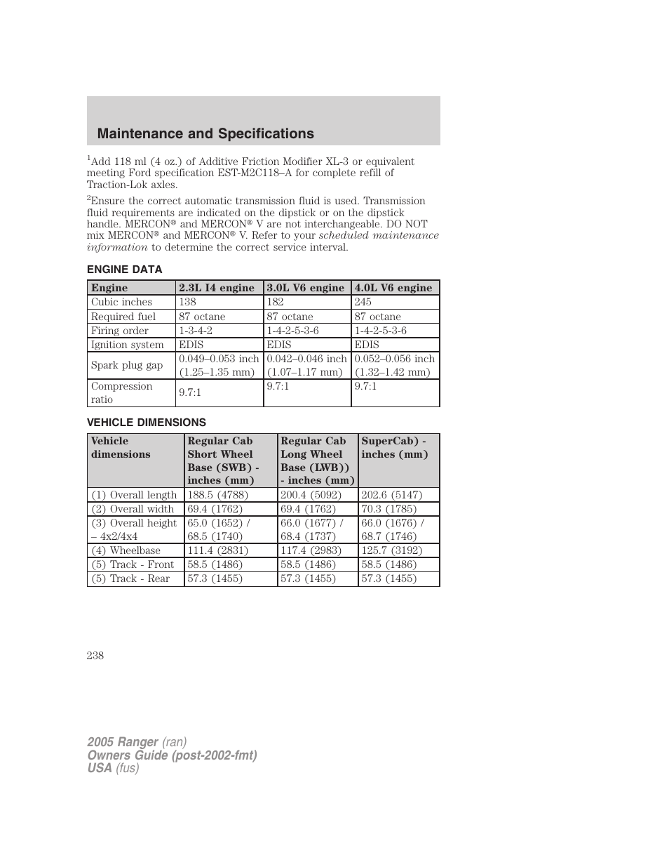 Engine data, Vehicle dimensions, Maintenance and specifications | FORD 2005 Ranger v.3 User Manual | Page 238 / 256