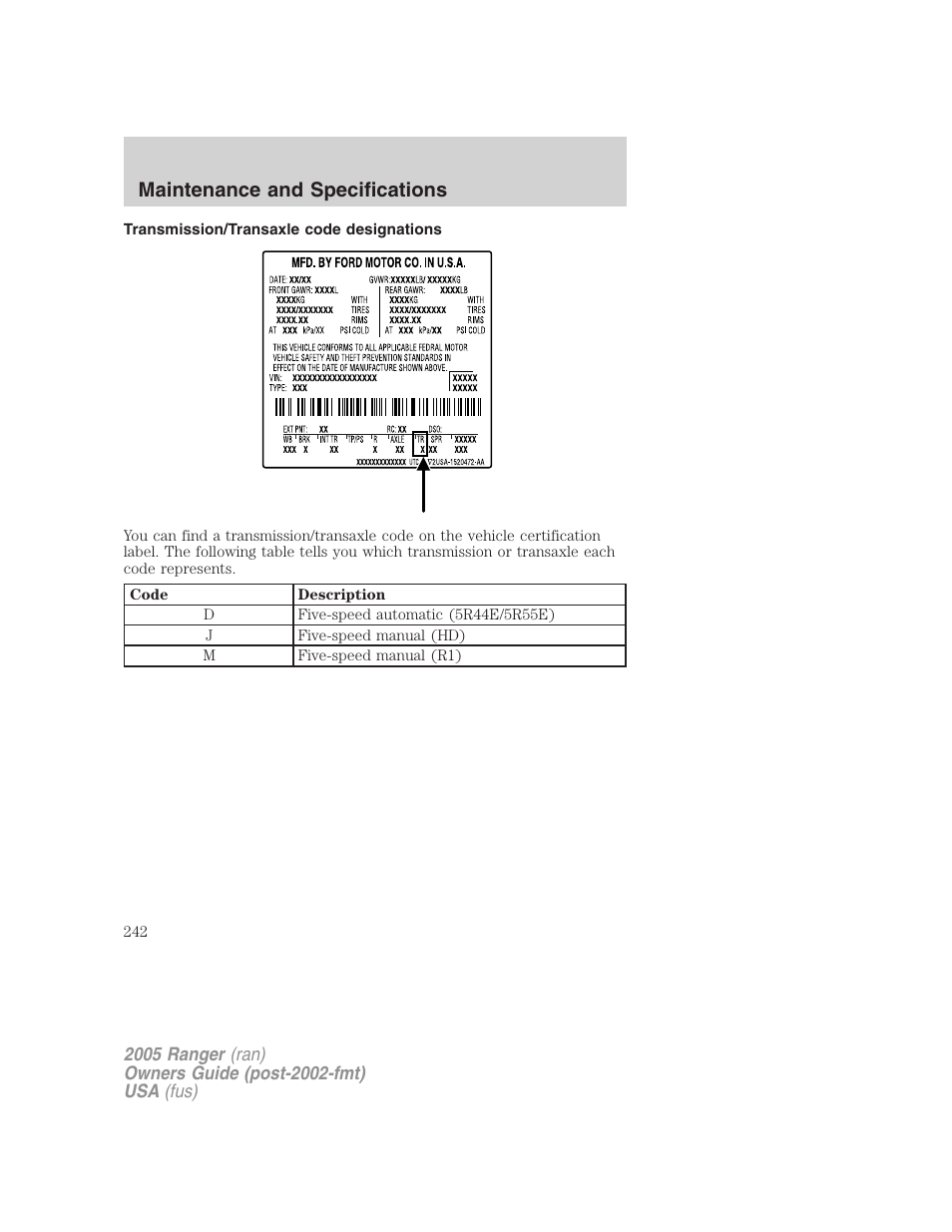 Transmission/transaxle code designations, Maintenance and specifications | FORD 2005 Ranger v.3 User Manual | Page 242 / 256