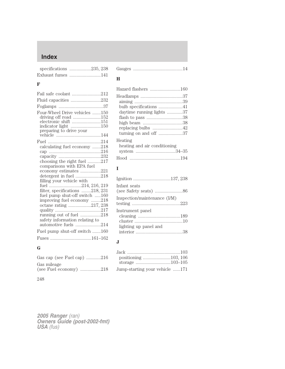 Index | FORD 2005 Ranger v.3 User Manual | Page 248 / 256