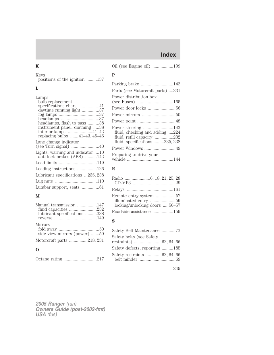Index | FORD 2005 Ranger v.3 User Manual | Page 249 / 256