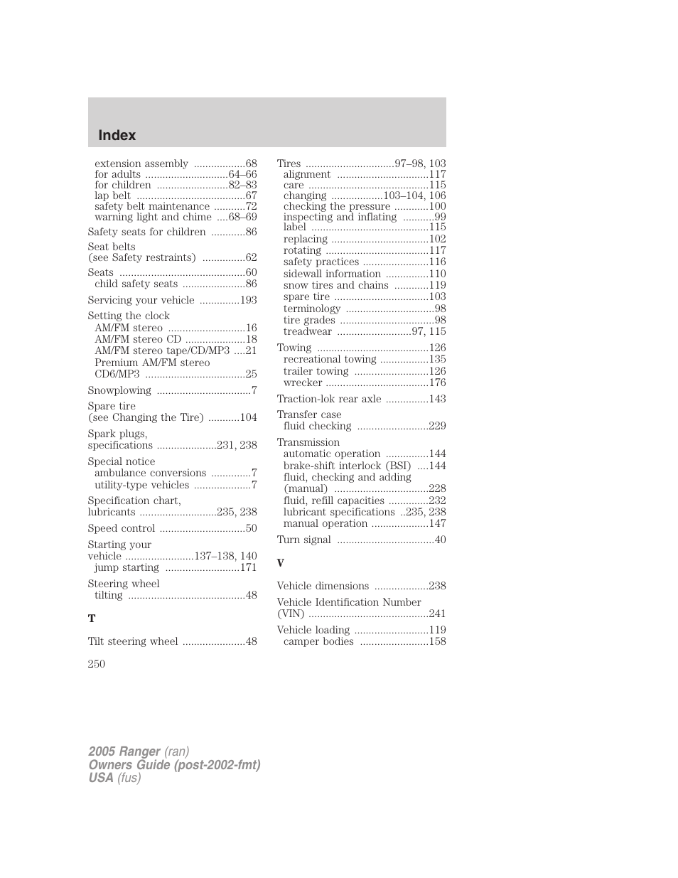 Index | FORD 2005 Ranger v.3 User Manual | Page 250 / 256